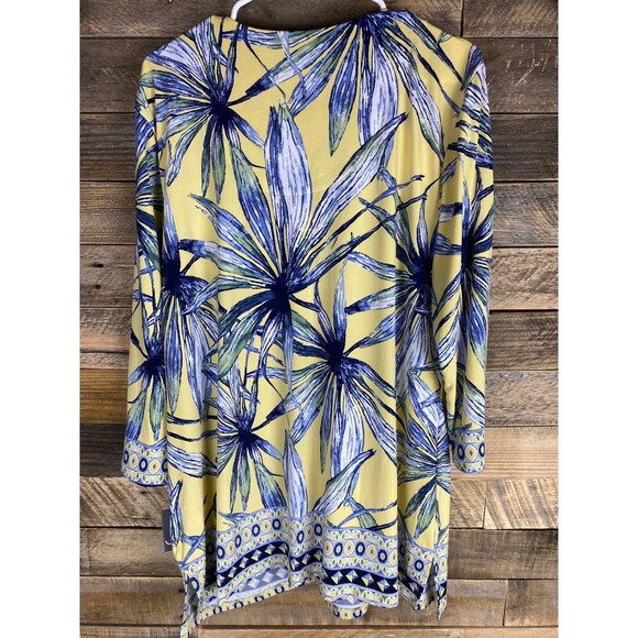 JM Collection Women's Plus Sz XXL Yellow Blue Printed Rhinestone V-Neck Top - Picture 5 of 11